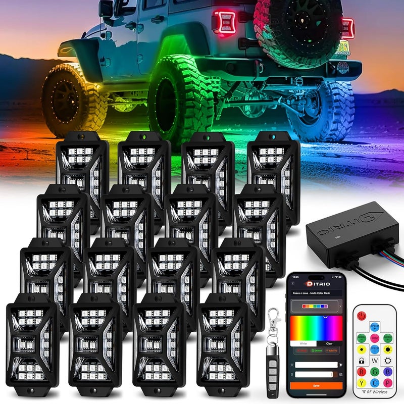 DITRIO 16 Pods Five Sided RGB Rock Lights for Trucks Jeep UTV SUV ATV Golf Cart, Multi Chasing Color App/Remote Control Led Rock Lights with Music Mode, Waterproof Exterior Underglow Kits for Cars - Image 1